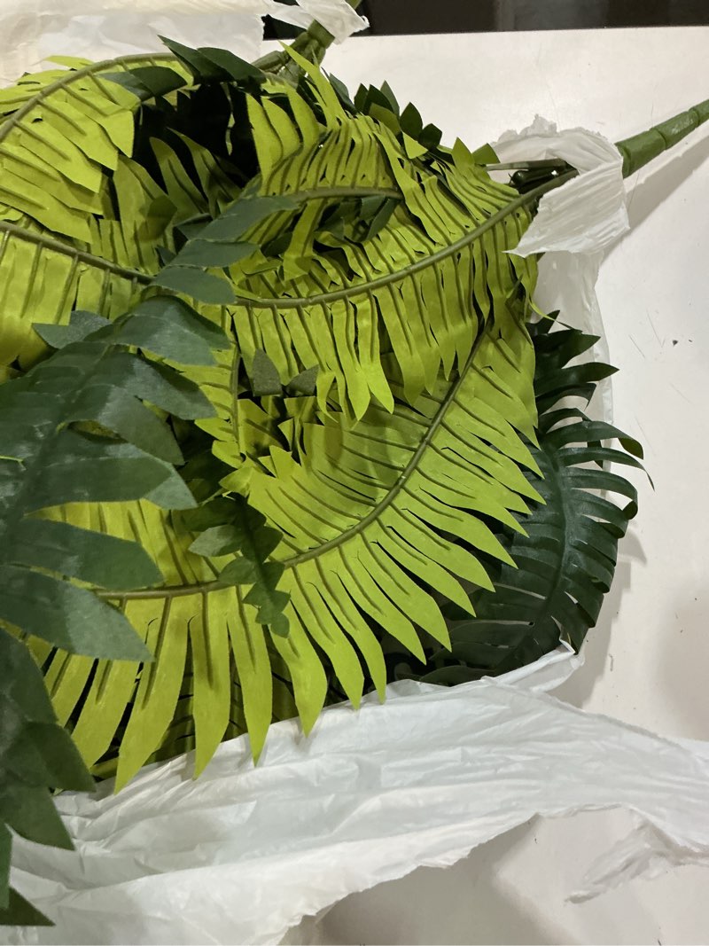 Condition photo showing As Is for set of 2 large artificial boston fern plants, 48" giant faux ferns with 33 realistic fronds, uv resistant fake greenery for outdoor porch, hanging basket, patio & indoor home garden decor 33 branches 2 pcs