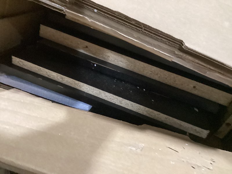 Condition photo showing As Is for Prepac Simply Modern 4 Door Console Table Storage Cabinet, Buffet Cabinet for Storage and Organization, Modern Side Table with Doors & Shelves, 60”W x 30”H x 16”D, Black Simply Modern Black 4-Door