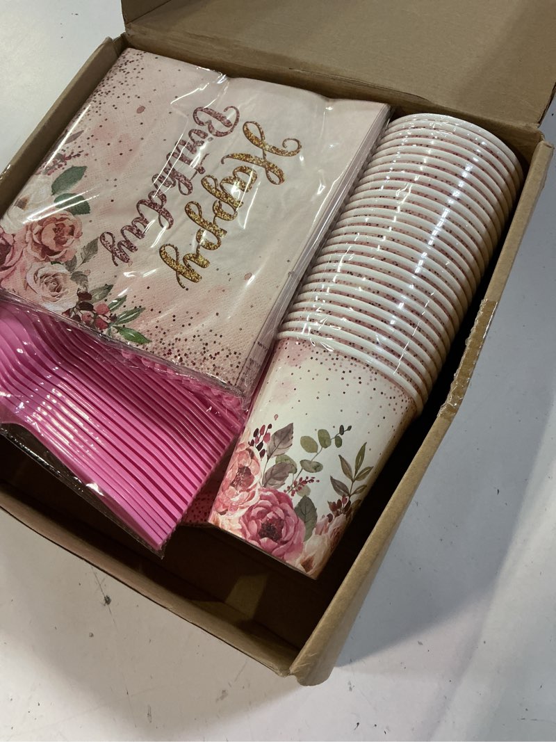 Condition photo showing New/Like New for roshtia 175 pcs floral party supplies-serve 25 guests happy birthday rose tableware sets for adults women disposable pink rose dinnerware elegant birthday bridal shower wedding party decor supplies
