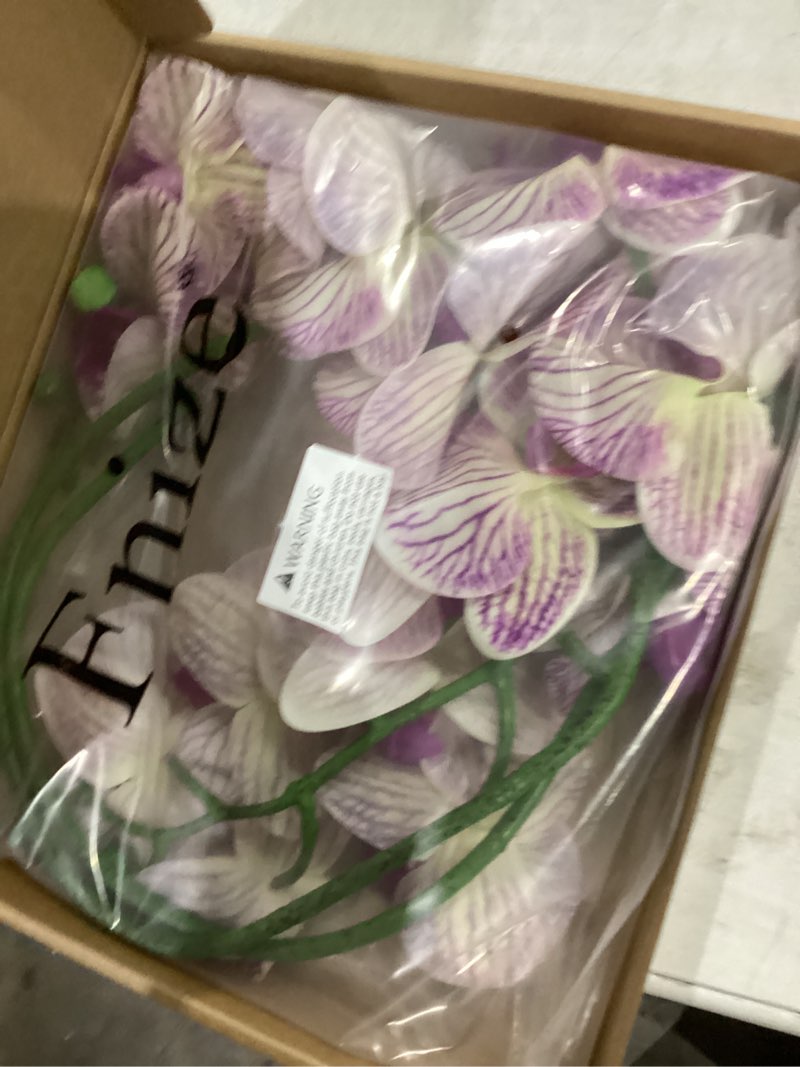 Condition photo showing New/Like New for Fnize Faux Orchid Stems Artificial Flowers Phalaenopsis 38 Inch 2pcs Real Touch Latex 9 Large Petals Purple Pattern