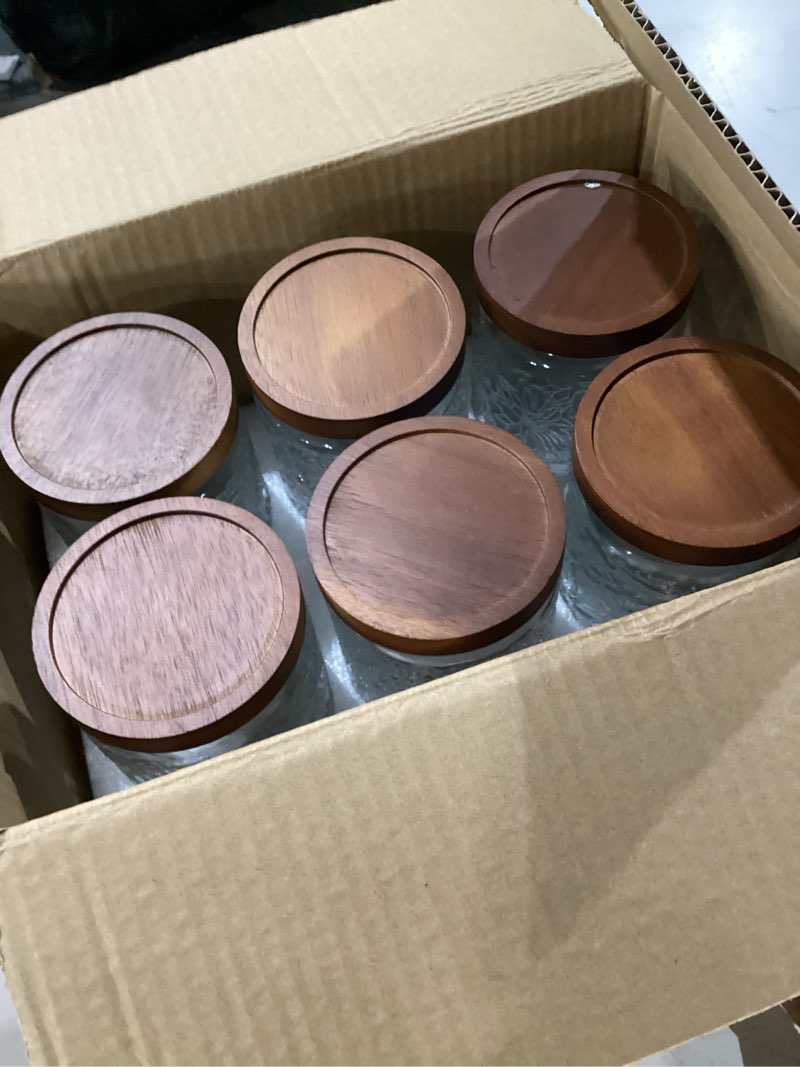 Condition photo showing New/Like New for vintage glass jars with wooden lids, 6 pack 24 oz airtight glass food storage containers sets for the kitchen, sugar coffee candy spice cookie tea pasta (24oz)daisy*2 & stars*2 & carving*2