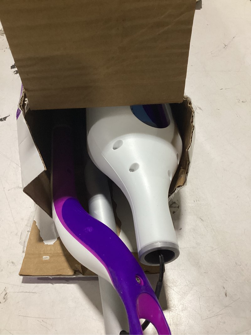 Condition photo showing As Is for swiffer powermop multi-surface mop kit for floor cleaning, fresh scent, mopping kit includes powermop, 2 mopping pad refills, 1 floor cleaning solution with fresh scent and 2 batteries purple and white