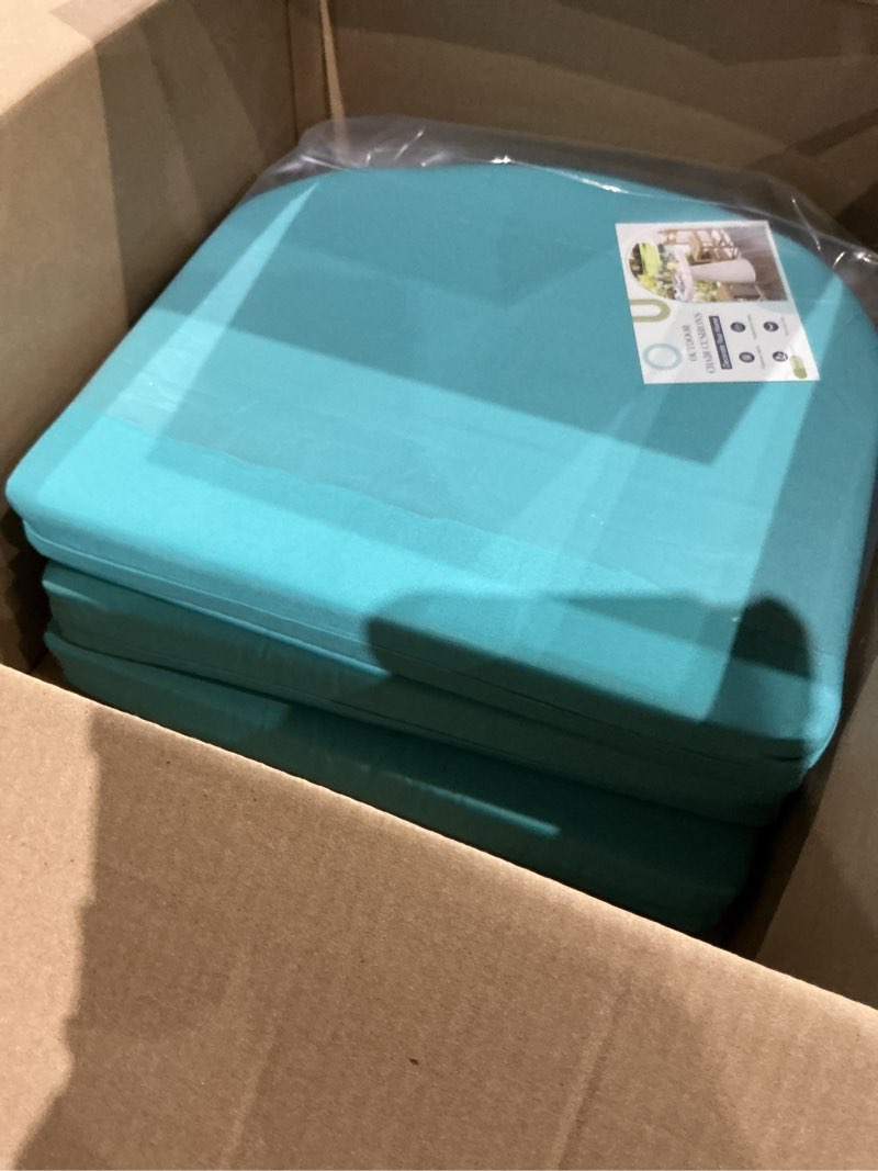 Condition photo showing Good Condition for basic beyond outdoor chair cushions set of 4, outdoor cushions for patio furniture, water resistant patio chair cushions with 2 ties, 17x16x2, teal 01 - teal 17"x16"x2"(pack of 4)