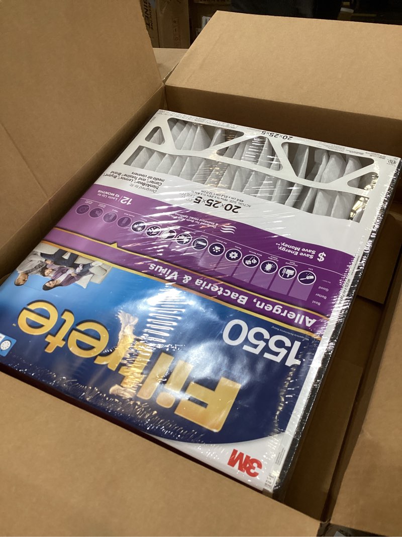 Condition photo showing Good Condition for Filtrete 20x25x5 AC Furnace Air Filter, MPR 1550, MERV 12, Fits Trion AirBear, CERTIFIED Asthma & Allergy Friendly, Electrostatic Air Cleaning Filter, 1-Pack (actual size 19.56 x 24.13 x 4.75) 4.7" x 24.2" x 19.6"