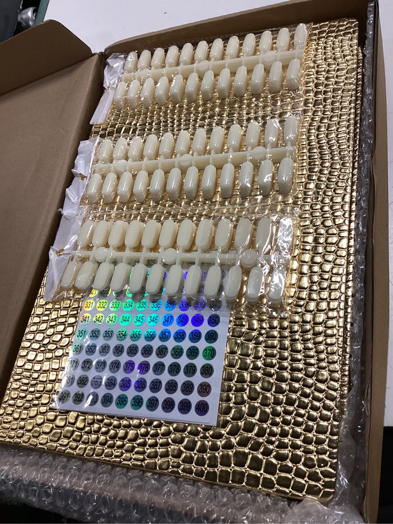 Condition photo showing New/Like New for 308 colors nail swatches book with 360 nail tips and number labels professional nail color chart card display gel polish book nail painting practice design board no need pasting, no need glue 308 gold