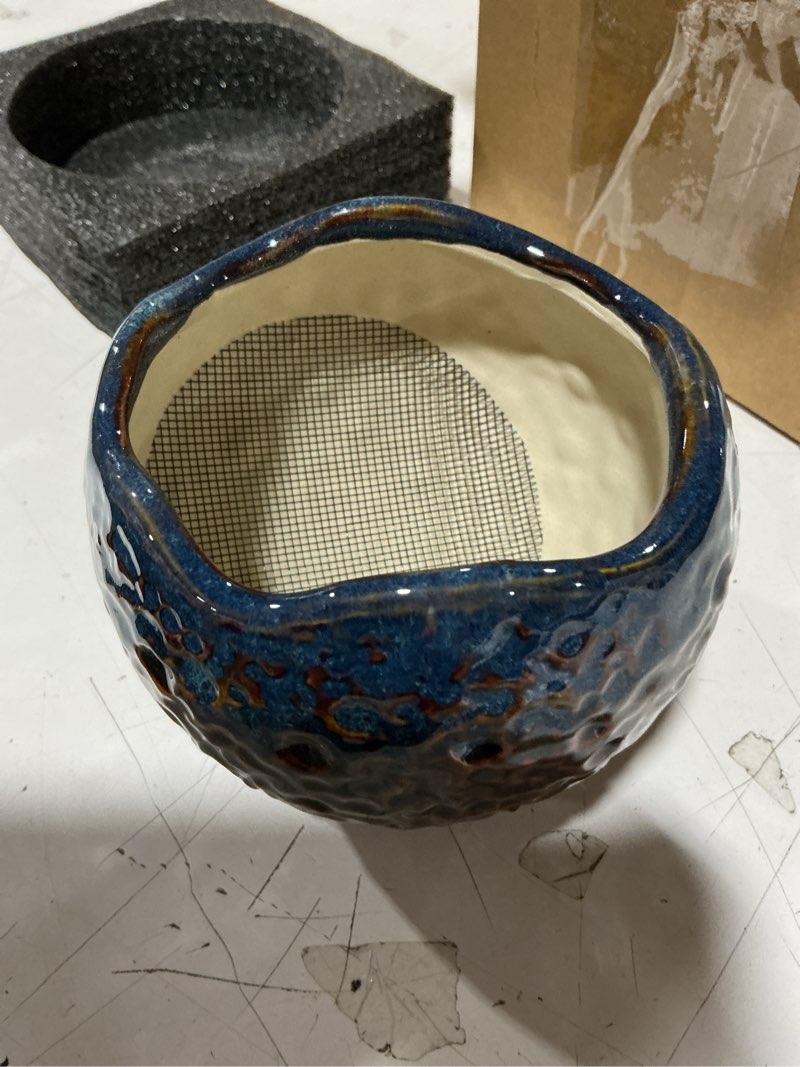 Condition photo showing Good Condition for 4 inch plant pot - ceramic pots for indoor outdoor plants, round decorative planters with drainage hole and plug, unique flower pots, home office decor, gardening gifts for women, brown-blue 6.2 inch brown-blue