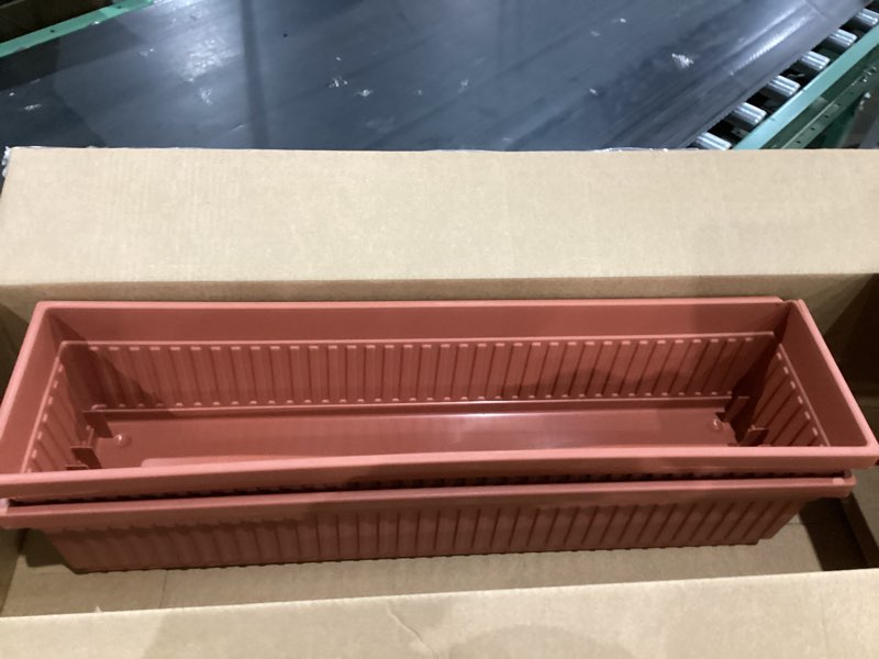Condition photo showing Good Condition for small crack on one of them the hc companies 30 inch venetian window planter box with drainage plug, lightweight uv-resistant plastic indoor & outdoor planters, 2-pack flower box for garden & home decor, clay clay 30\" pack of 2