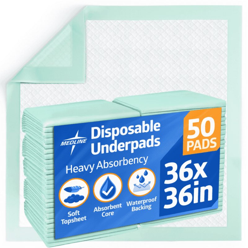 medline disposable adult bed pads for incontinence, furniture, or pets, xl, moderate absorbency, 36 x 36in, 50 count