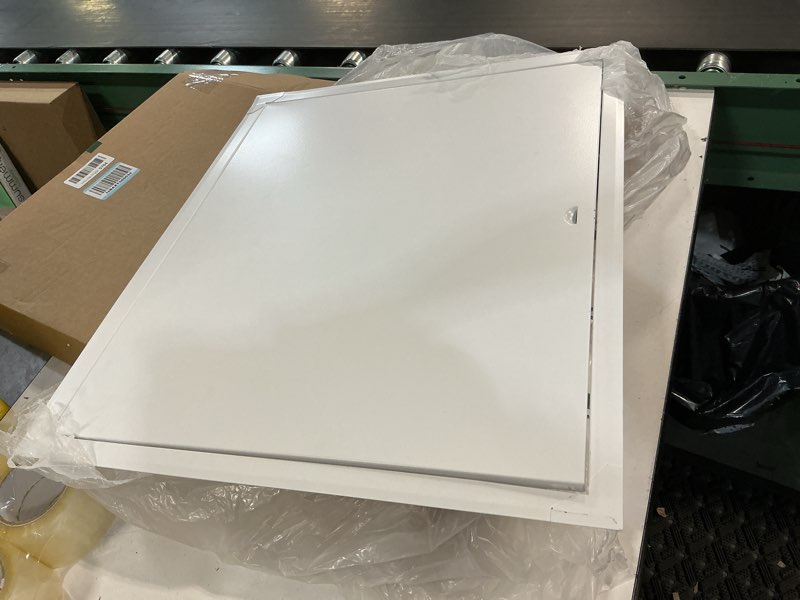 Condition photo showing As Is for 20 x 24 inch metal access panel for drywall - white rectangular plumbing access panel - indoor wall access door for hvac, electrical, wall covering - drywall access panel - wall hole cover
