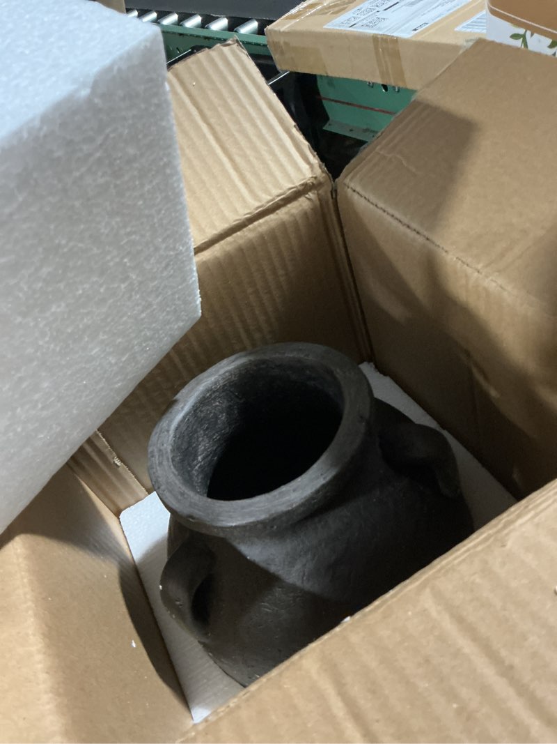 Condition photo showing Good Condition for rustic ceramic distressed vase, 9.5"h handmade terracotta vases with 3 ear handles, decorative flower vase for centerpieces, vintage wabi sabi farmhouse decor for entryway, fireplace & shelf