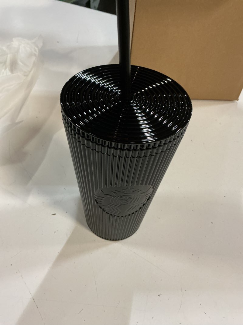 Condition photo showing New/Like New for starbucks shiny black pleated cup winter 2024 16oz cold cup