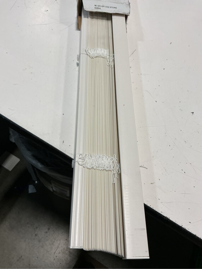 Condition photo showing As Is for mainstays cordless 1" vinyl light filtering blinds, white, 43" width x 64" length