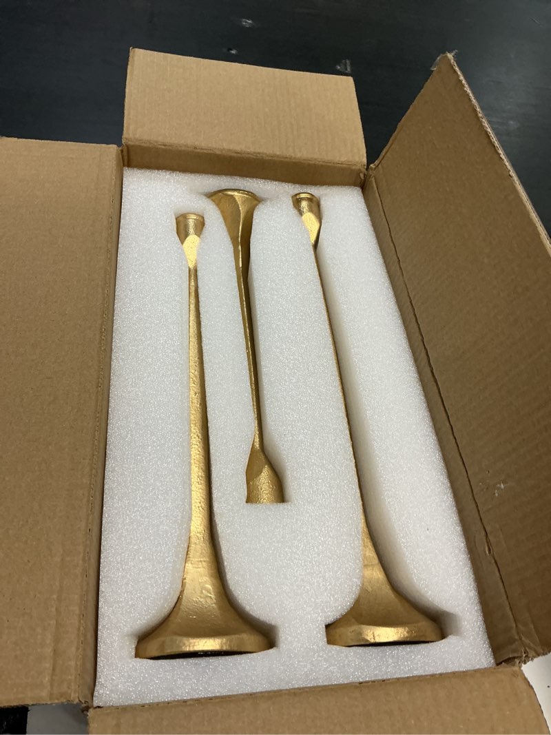 Condition photo showing Good Condition for gold iron taper pillar candle holders set of 3, candlestick holders rustic vintage decorations, tall candle stand for home decor mantle dining coffee table outdoor wedding-11.8"+13.8"+15.4"