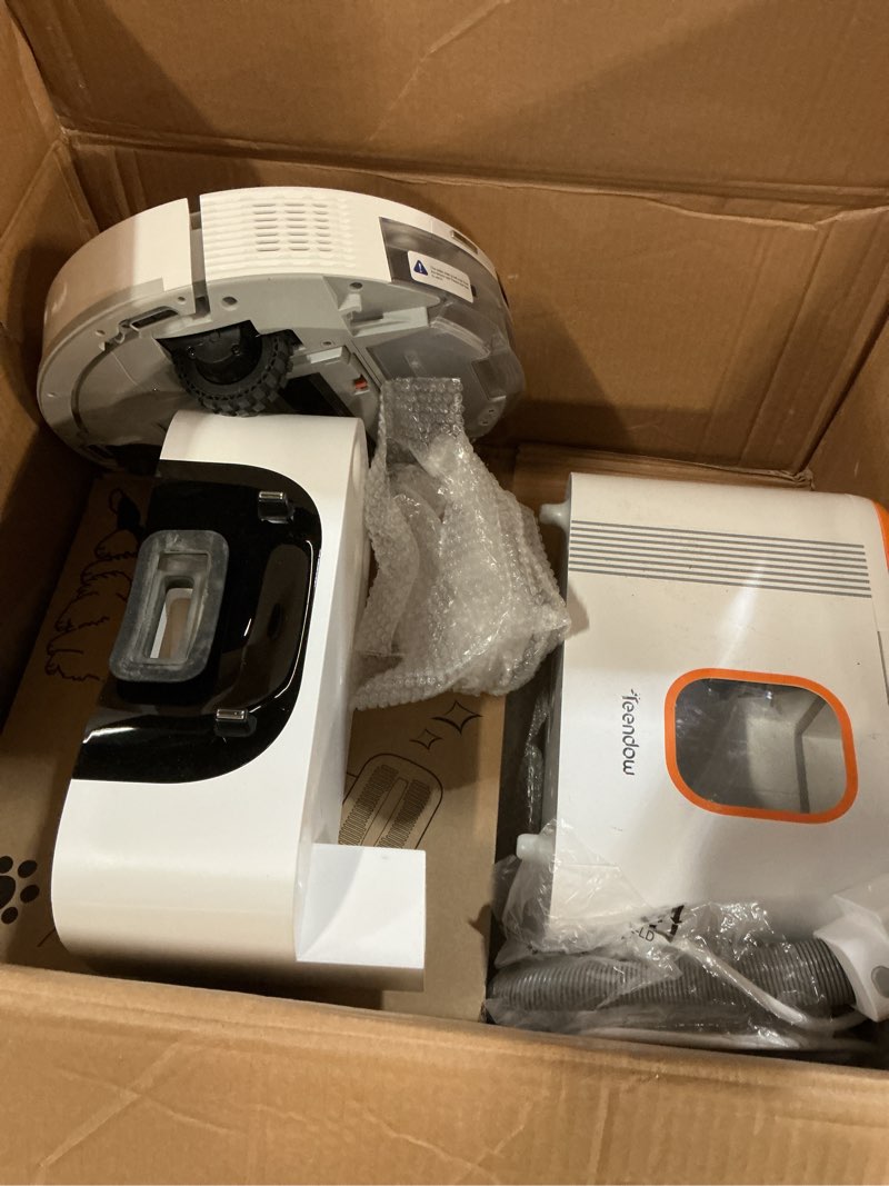 Condition photo showing As Is for teendow d20s max+ robot vacuum and mop, 8000pa suction for pet hair, with self-emptying dock and pet grooming parts, 10 weeks hands-free cleaning, precisense lidar navigation, app & voice control