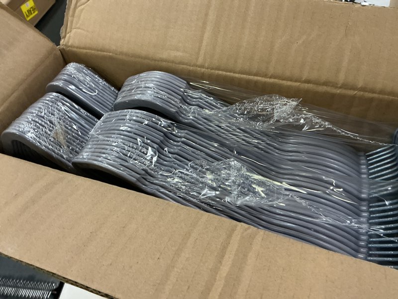 Condition photo showing Good Condition for TIMMY 50 Plastic Hangers 17.7 Inch Non-Slip, Space Saving Closet Organizers, Heavy Duty Slim Hangers for Pants, Shirts, Coats (Grey, Ultra Thin & Durable) Gray 50pack-grey