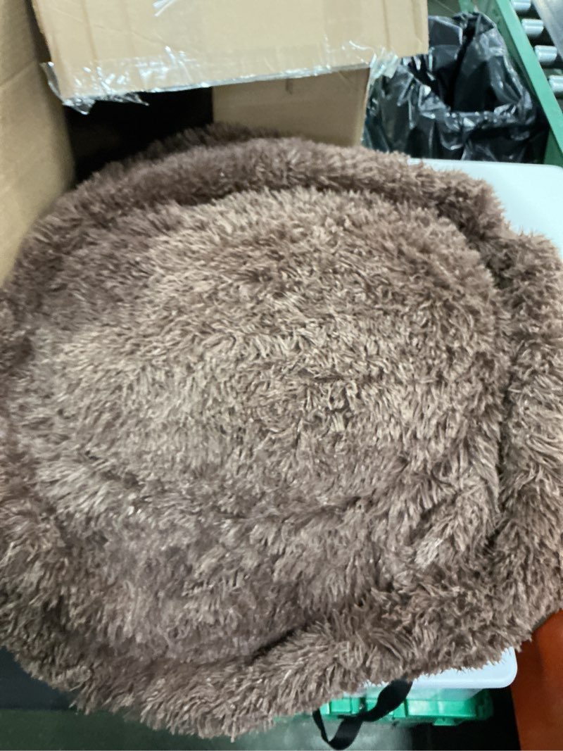 Condition photo showing As Is for Round Plush pet Bed, Super Soft Long Fur for Warmth in Winter, Anti-Slip Bottom - Comfortable and Calming pet Bed, Suitable , Brown
