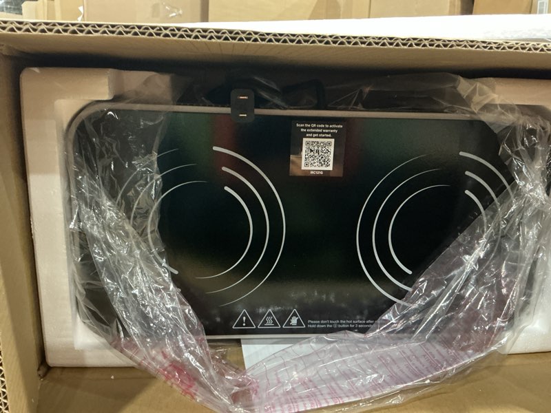 Condition photo showing New/Like New for amzchef double induction cooktop with removable griddle pan non-stick, 1800w 2 burner portable induction stove with sensor touch 9 power levels, 99 min timer, iron grey