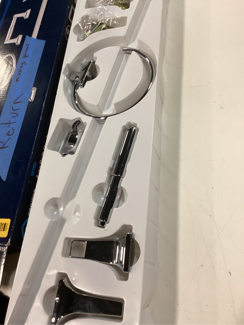Condition photo showing As Is for (incomplete )project source 4-piece seton chrome decorative bathroom hardware set with towel bar, toilet paper holder, towel ring and robe hook