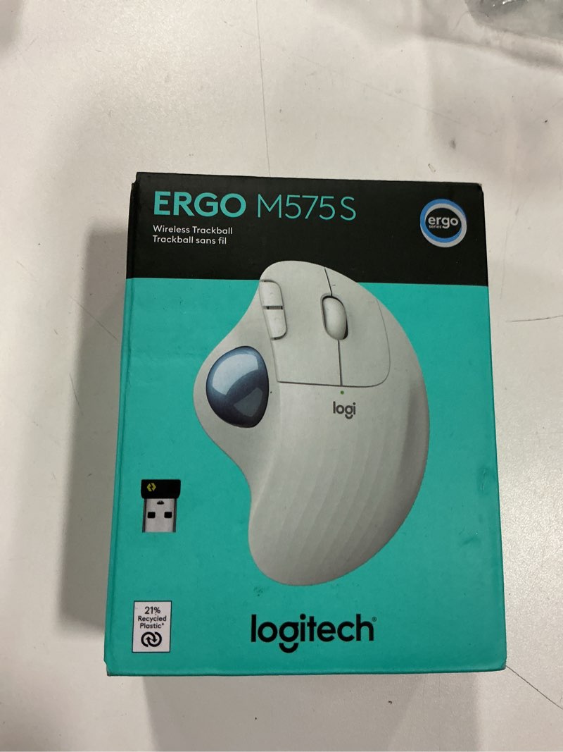 Condition photo showing New/Like New for Logitech Ergo M575S Wireless Trackball Mouse, Wireless Ergonomic Mouse with Bluetooth and Encrypted Dongle, Comfortable Thumb Control, Precise and Smooth Tracking, for PC/Mac - Off-White Blue Ball
