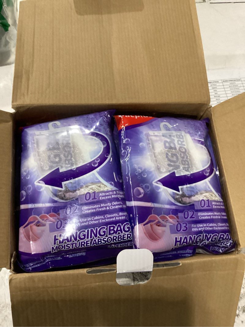 Condition photo showing New/Like New for vacplus moisture absorber, 9.8 oz hanging, strong absorption, lavender | closet, enclosed spaces, bathroom, odor eliminator, dehumidifier bags, 10 pack