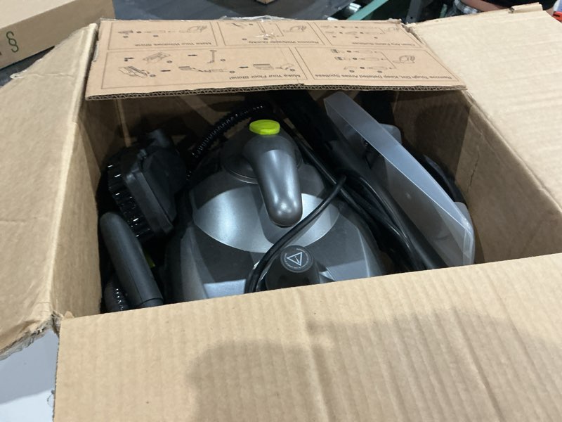 Condition photo showing As Is for heavy-duty steam cleaner - 1500w multipurpose handheld floor steamer with 22 accessories 16ft cord for home, car detailing, tile, grout, carpet, wallpaper, upholstery, window, deep cleaning