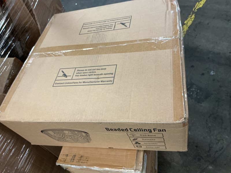 Condition photo showing New/Like New for Liokoc Ceiling Fans with Lights and Remote - Bulbs Included, Caged Fandelier with Handcrafted Beaded Décor 19 inches Reversible Flush Mount Installation Ceiling Fan, Wood