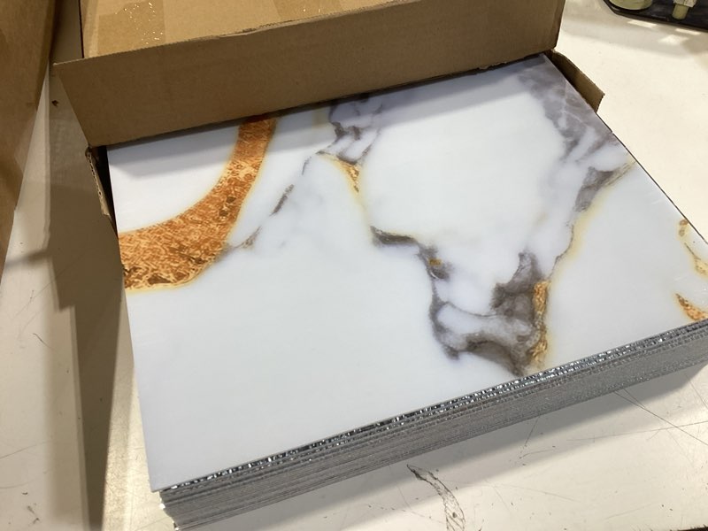 Condition photo showing Good Condition for marble peel and stick backsplash waterproof 23.6"x11.8" pvc wall panels, pvc foam marble tile, back splash stick on tiles (not real tile) for kitchen bathroom living room (20, white gilding) white gilding 20