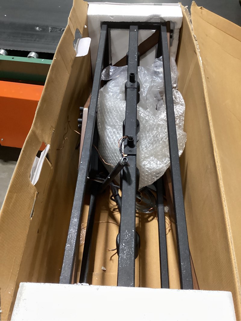 Condition photo showing As Is for Kichler Barrington 5 -Light Distressed Black and Wood Tone Farmhouse Cage Linear Large