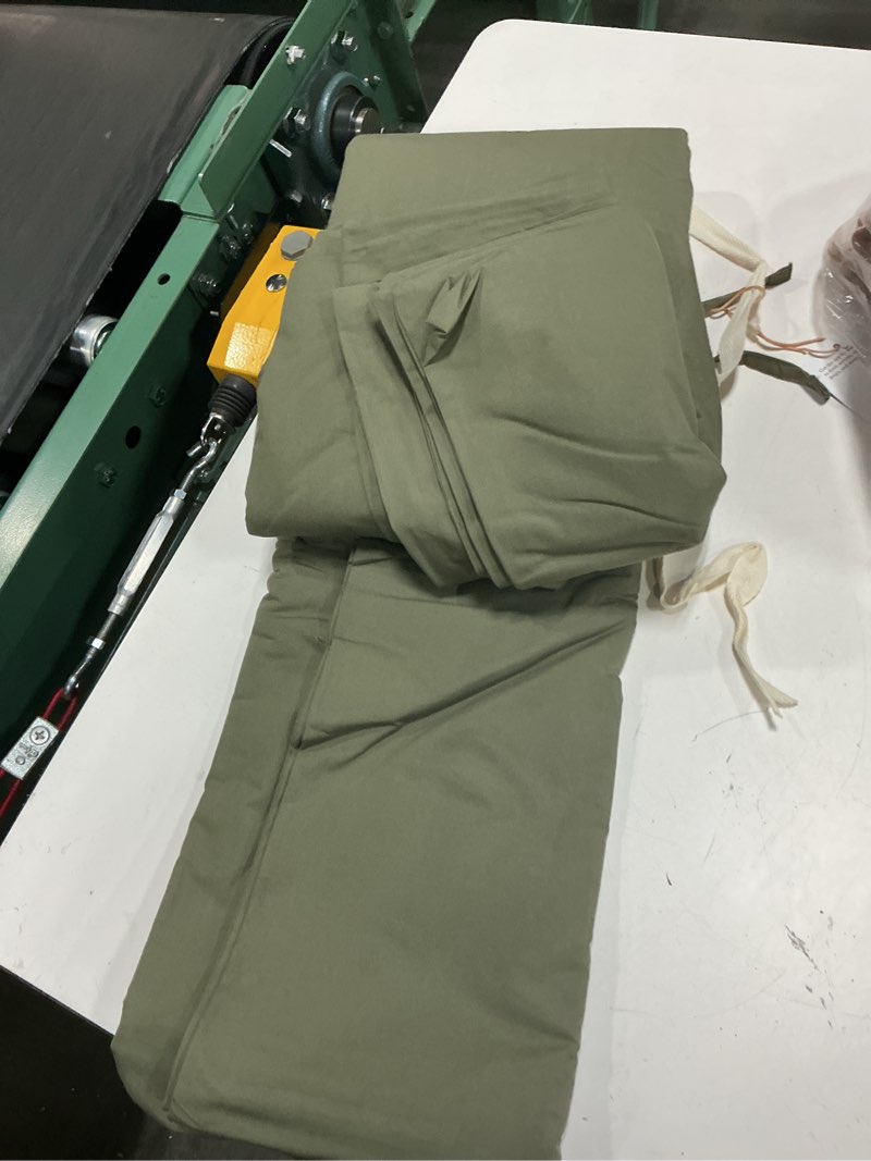 Condition photo showing As Is for quince organic brushed cotton sheet set color  dusty olive full/queen  