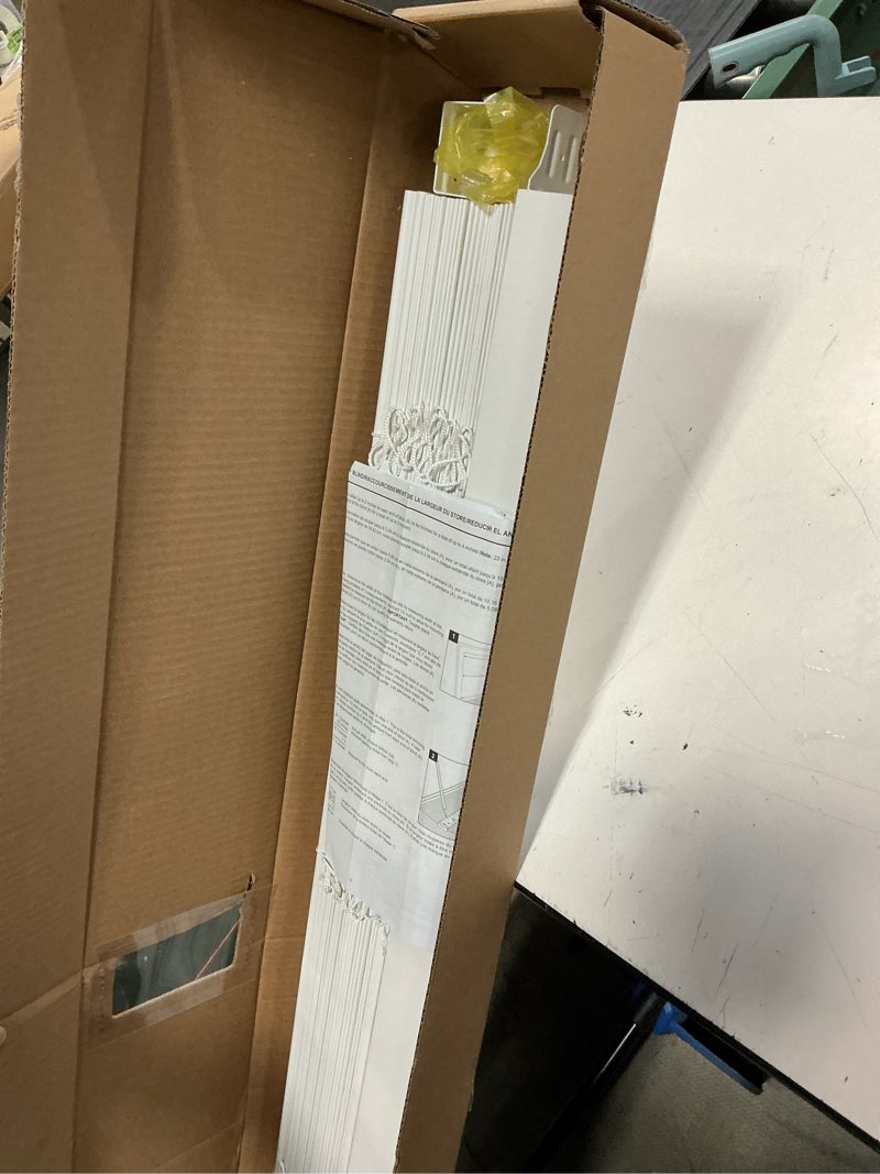 Condition photo showing As Is for allen + roth trim at home 2-in slat width 70-in x 48-in cordless white faux wood room darkening horizontal blinds