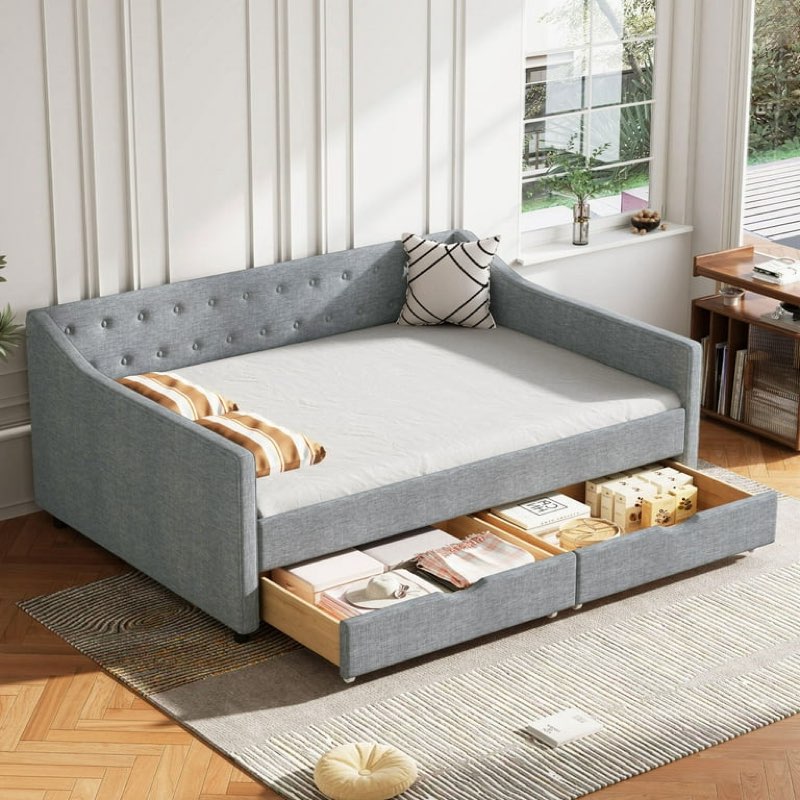 (Incomplete, Only Box 1 of 2) Sofa Bed Full Size Daybed with Drawers Upholstered Tufted Sofa Bed, with Button on Back and Piping on Waved Shape Arms-Light Grey,Convertible Sofa Bed