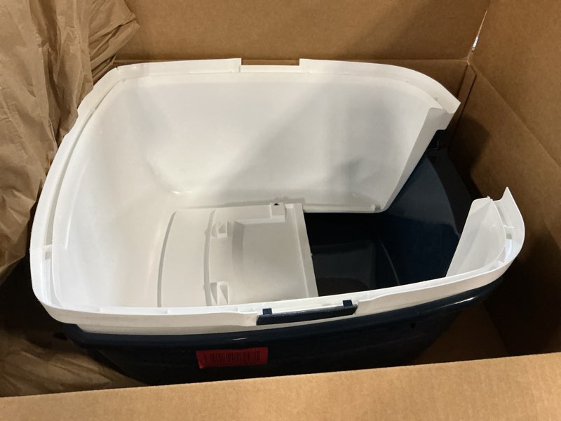 Condition photo showing Good Condition for iris usa cat litter box large with front door flap, covered enclosed litter box enclosure with scoop, handle & buckles for portability & privacy, hidden litter pan, navy jumbo enclosed navy