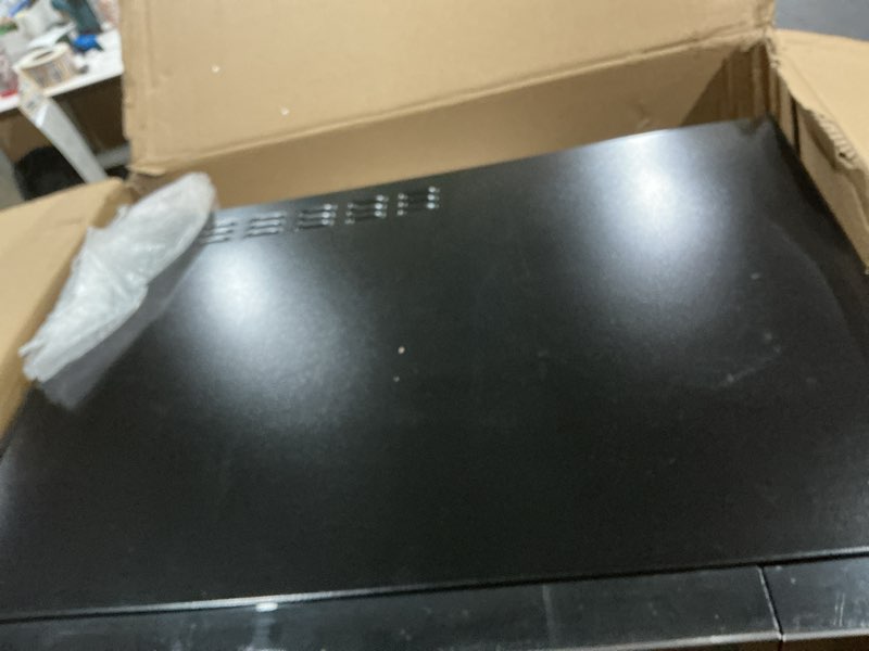Condition photo showing As Is for toshiba em131a5c-bs countertop microwave ovens 1.2 cu ft, 12.4" removable turntable smart humidity sensor 12 auto menus mute function eco mode easy clean interior black color 1000w 1.2 cu.ft