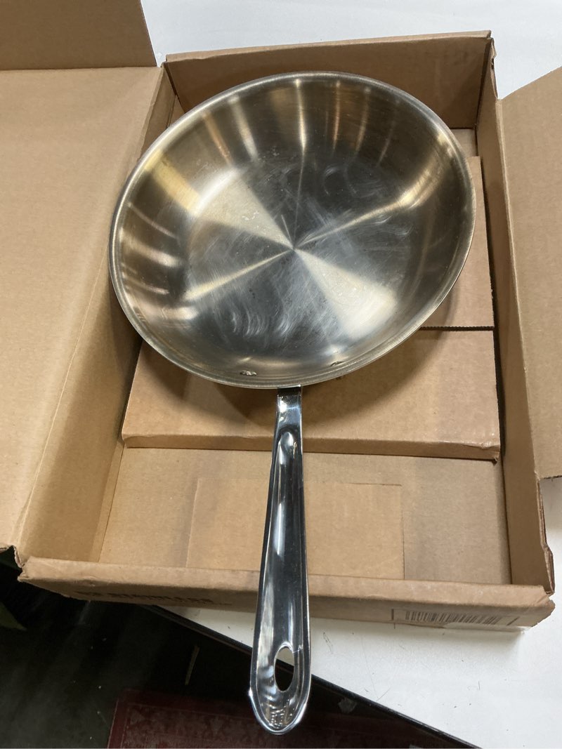 Condition photo showing As Is for All-Clad D3 3-Ply Stainless Steel Fry Pan with Lid 10 Inch, Induction Compatible, Oven Broiler Safe 600F, Fast and Even Heat, Pots and Pans, Cooking Skillet Cookware, Stainless Steel Silver 10"