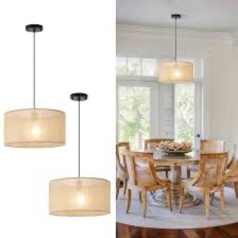 Hiluxia CL-FB-0013 HILUXIA  16 Inch Farmhouse Pendant Light Fixture with Linen