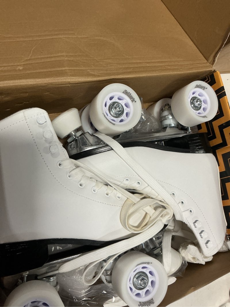 Condition photo showing As Is for roller skates for women or men with pu leather high-top double row rollerskates, unisex-adult indoor outdoor for beginners white women's 6 / men's 5