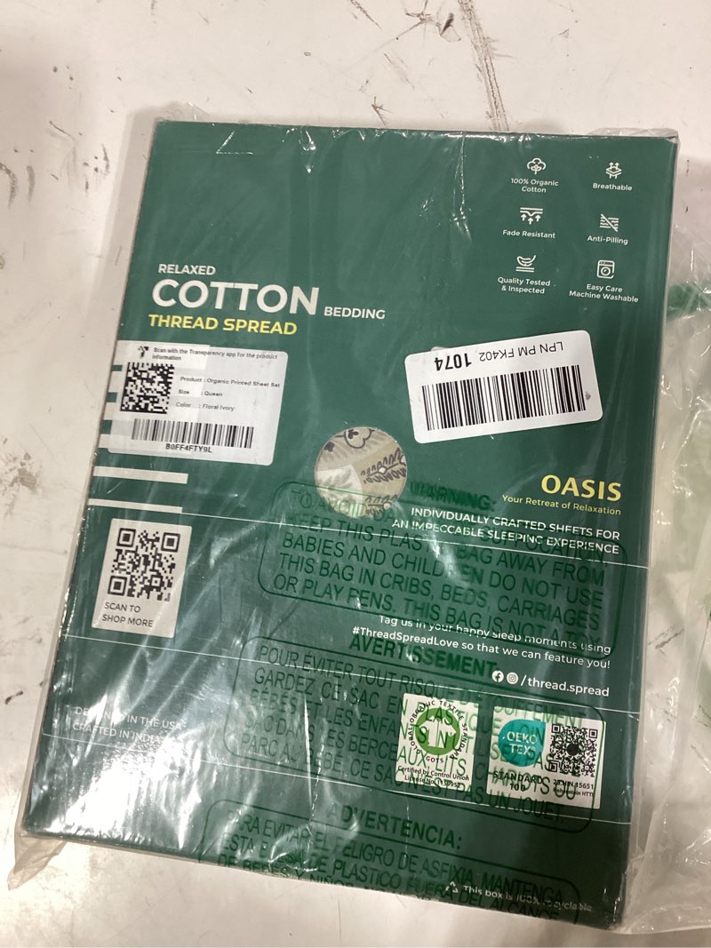 Condition photo showing New/Like New for THREAD SPREAD 100% Organic Cotton Printed Sheets Queen Size - 4 PC Organic Cotton Percale Sheets Queen Set (Floral Ivory), Cooling & Breathable Sheet, 16" Deep Pocket Hotel Bedding - GOTS Certified Queen Prints - Floral Ivory