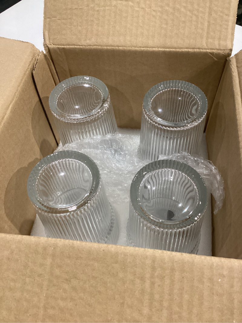 Condition photo showing Good Condition for Wells 20oz Glass Cups with Lids and Straws, Ribbed Iced Coffee Cups, Thickened Drinking Glass Tumbler, Ideal for Coffee, Smoothies, Cocktails, and Juices, Clear, Set of 4