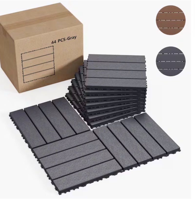 outdoor striped pattern square plastic interlocking flooring deck tiles (pack of 44 tiles)in gray