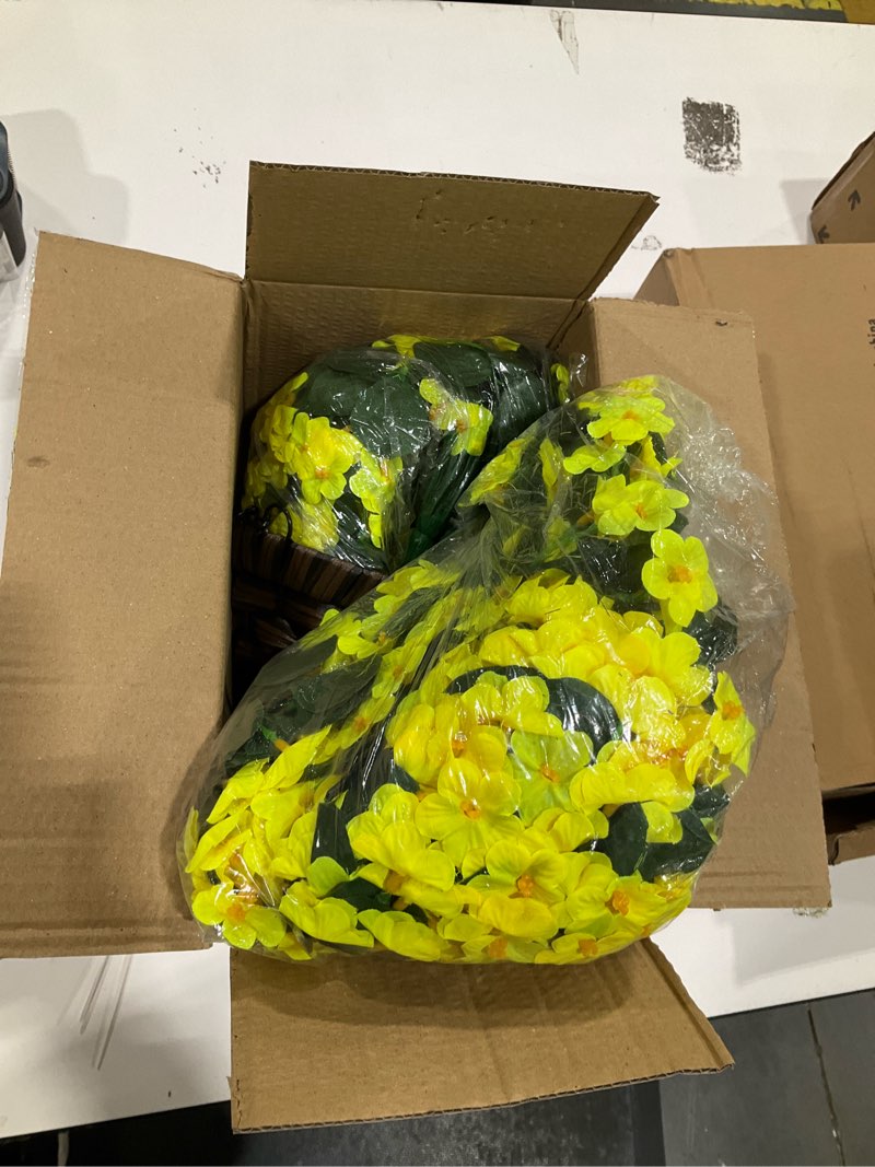 Condition photo showing Good Condition for artificial faux hanging flowers plants baskets for outdoor outside, fake silk yellow orchid trailing vines in planter realistic uv resistant for balcony porch decor