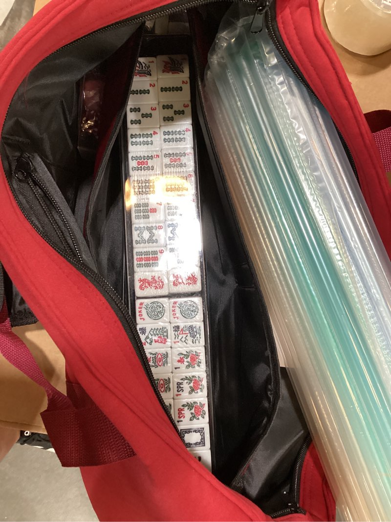 Condition photo showing Good Condition for american mahjong game set, 166 premium white tiles, 4 all-in-one color rack/pushers, complete mahjong set blue carrying bag