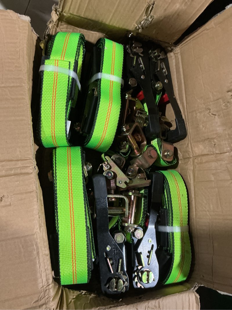Condition photo showing As Is for mytee products (4 pack) 2"x144" car tie down straps w/ ratchet snap hooks & 33" over the wheel tire straps - 3,333 lbs wll heavy duty tire straps for car trailer - high visibility green webbing