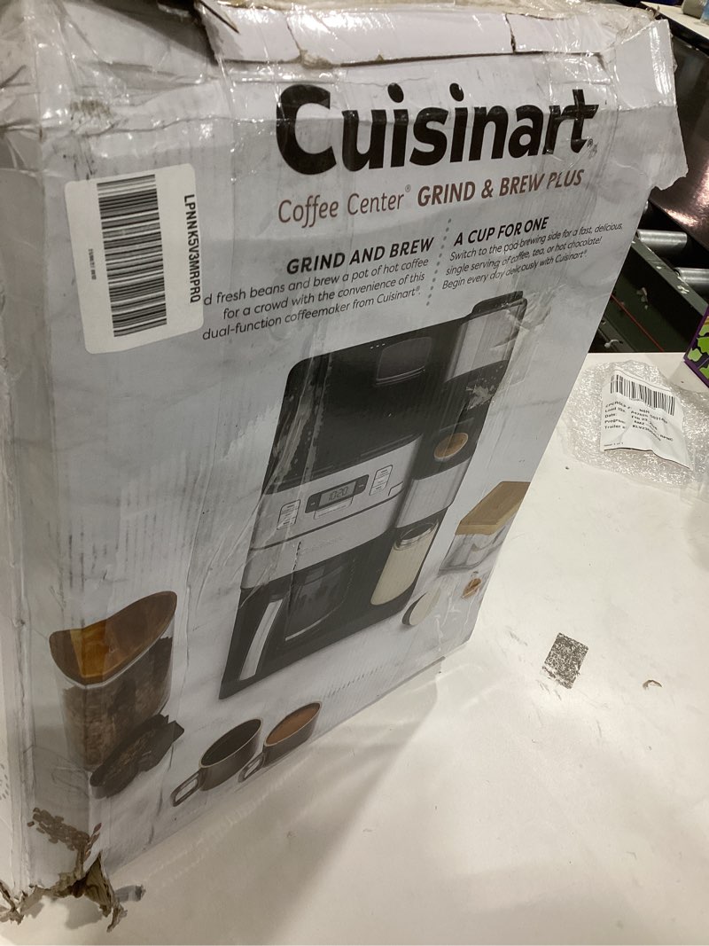 Condition photo showing As Is for Cuisinart Coffee Center Grind and Brew Plus, Built-in Coffee Grinder, Coffeemaker and Single-Serve Brewer with 6oz, 8oz and 10oz Serving Size, Black/Silver, SS-GB1NAS 12-Cup Glass Grind & Brew Plus Stainless