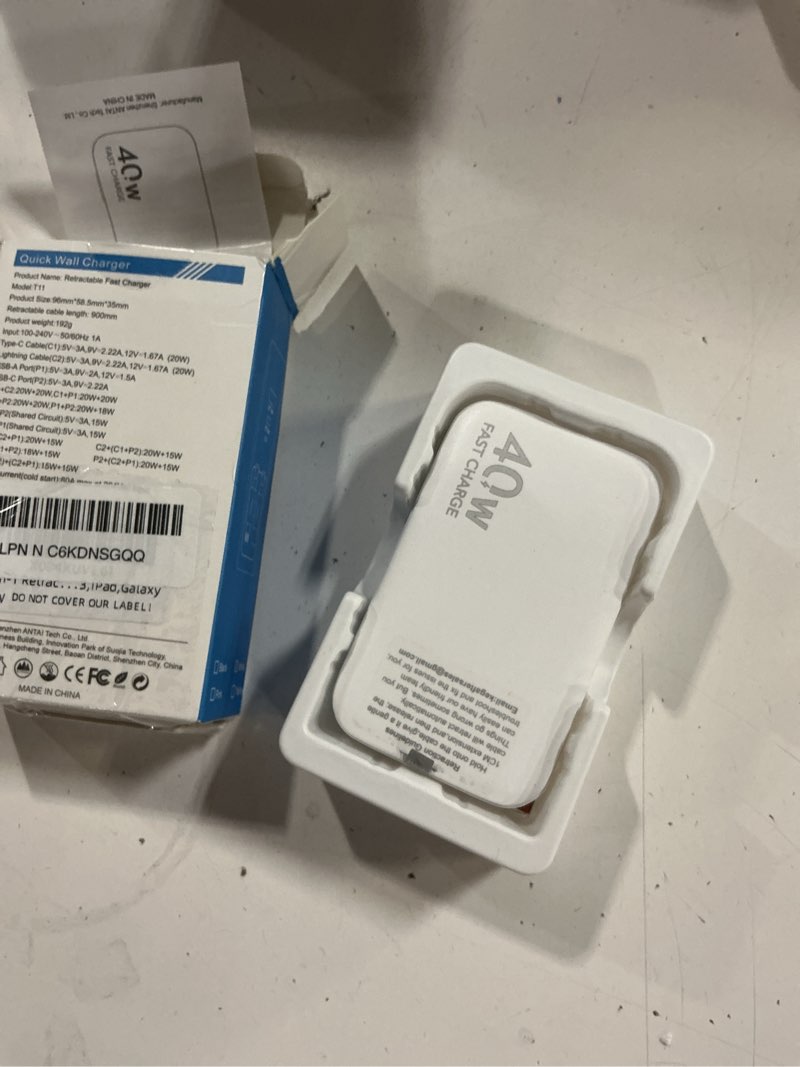 Condition photo showing New/Like New for 4-in-1 retractable gan wall charger plug for iphone 17 usb c,travel essentials brick multiport,3ft lightening+ type c cables,40w fast charging foldable block for iphone 17 pro/16/15/14/13,ipad,galaxy white-c/lightening cables