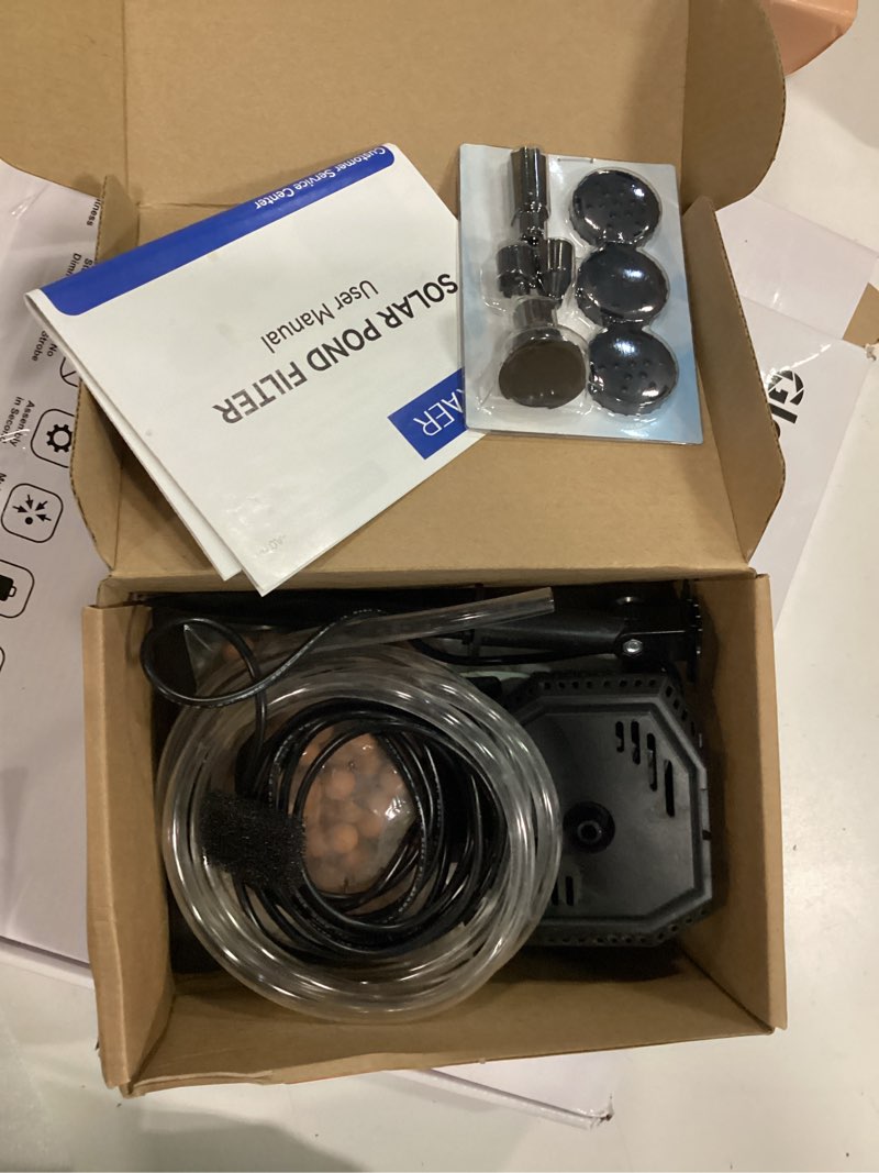 Condition photo showing Good Condition for antfraer solar pond filter with fountain pump, 4w solar fountain pump with pond filter, solar powered water pump kit with 5 nozzles & pvc tubing for bird bath, garden, outdoor fish tank