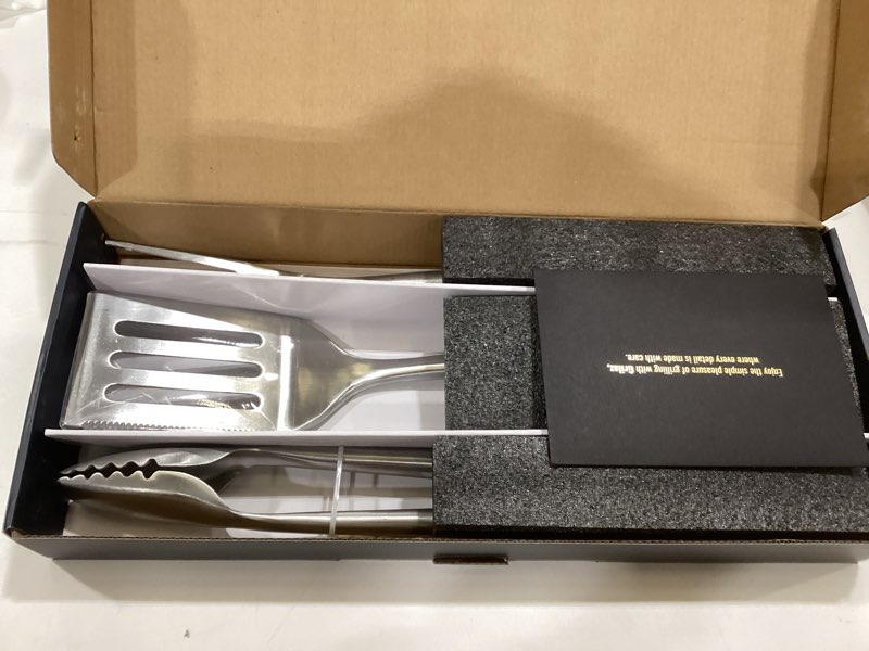 Condition photo showing As Is for heavy-duty rose wooden bbq grilling tools set. extra thick stainless steel multi-function spatula, fork & tongs | essential accessories for barbecue & grill. ideal gift for father… rosewood