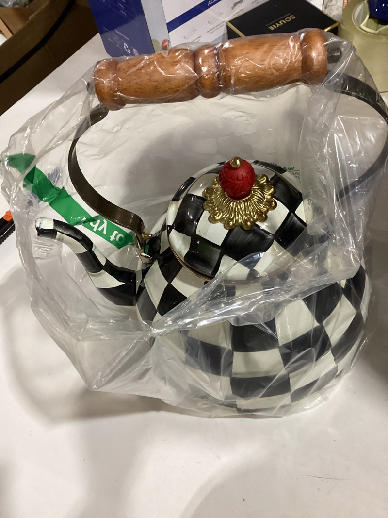 Condition photo showing Good Condition for mackenzie-childs enamel tea kettle, stylish tea kettle for stovetop, black-and-white courtly check, 3 quarts courtly check 3 quarts