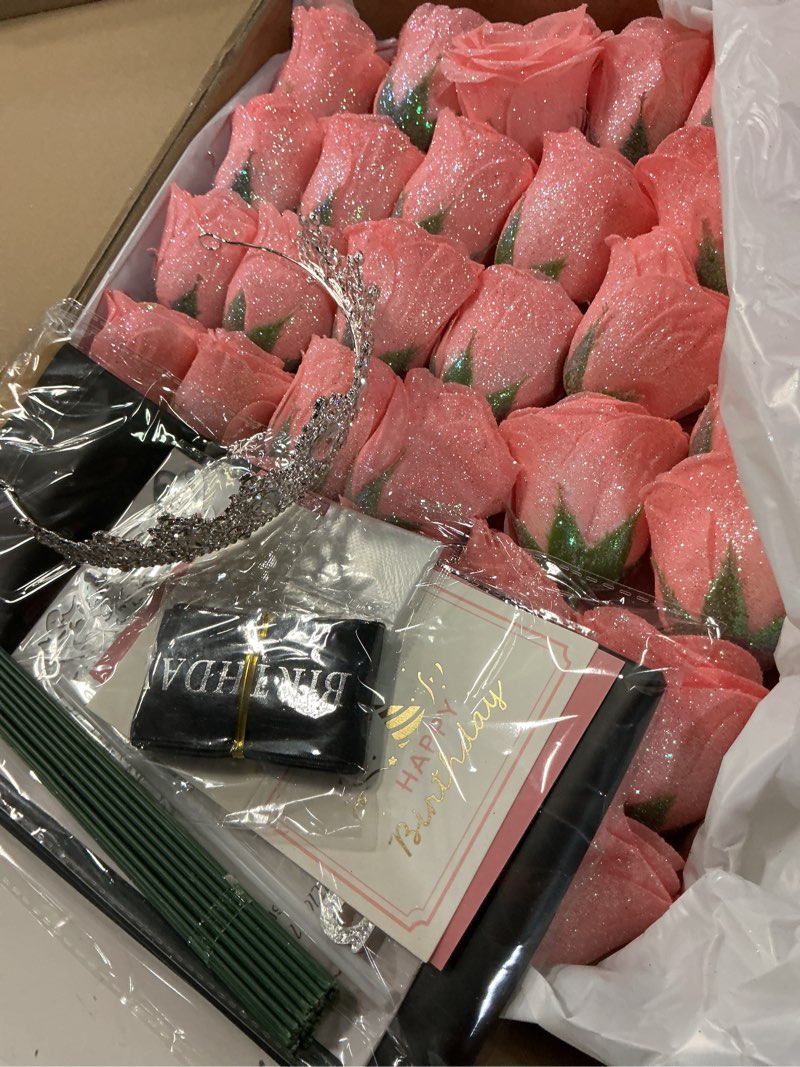 Condition photo showing Good Condition for waipfaru glitter roses bouquet,birthday gifts for women mom,diy fake flowers bouquet with birthday stand-up signs,36 pink rose for grandma wife friends pink 36pcs