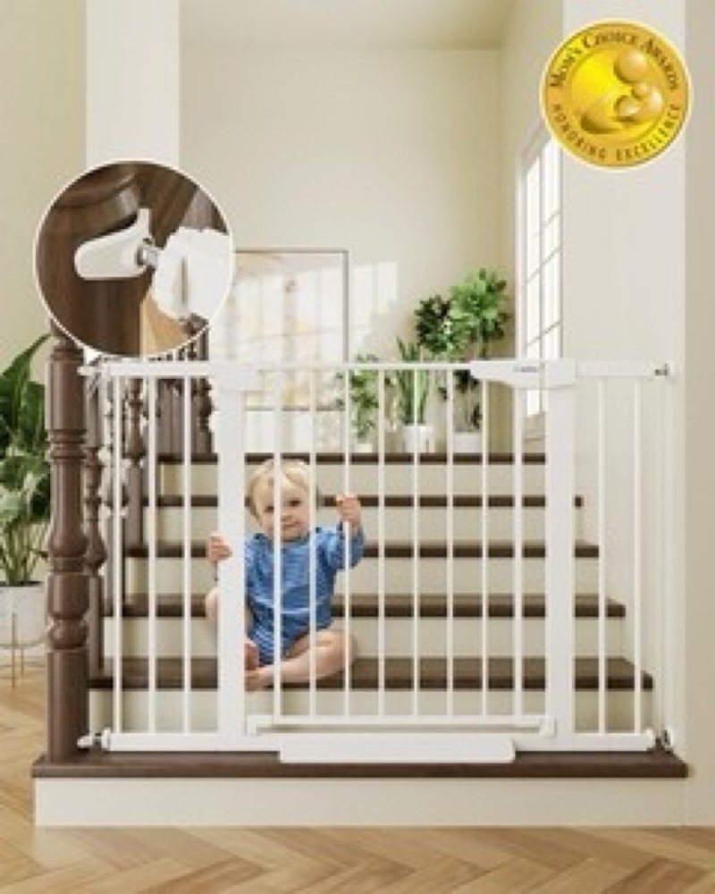 cumbor 30-46" baby gate for stairs, auto close dog gate for the house white | easy install pressure mounted pet gates for doorway, dual lock indoor safety gate for baby & dog, mom's choice awards winner