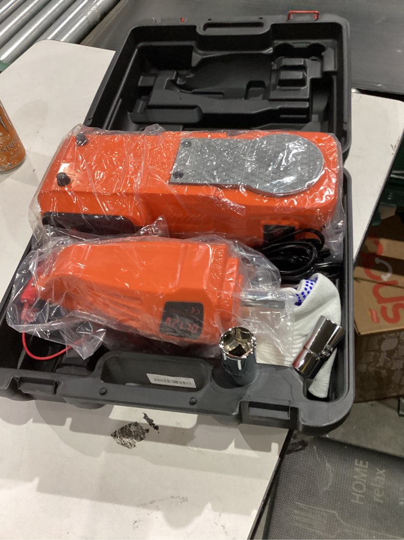 Condition photo showing As Is for Electric Car Jack Kit 5 Ton 12V Floor Jack Portable Hydraulic Car Jack with Impact Wrench and Tire Inflator Pump for SUV Sedans Tire Change with LED Light, Lifting Height 6 to 17.7 Inch Orange